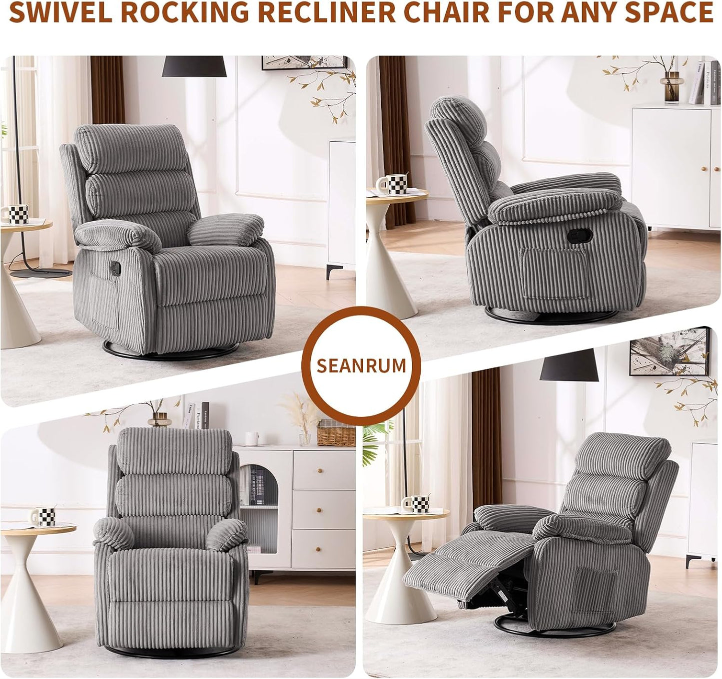 Adult 360° Rocking Recliner Chair，Nursery Rocker Reclining Chair with Side Pocket, a Comfy upholstered Single Sofa Armchair. Suitable for Living Room, Bedroom Nursing use, Velvet Fabric in Beige