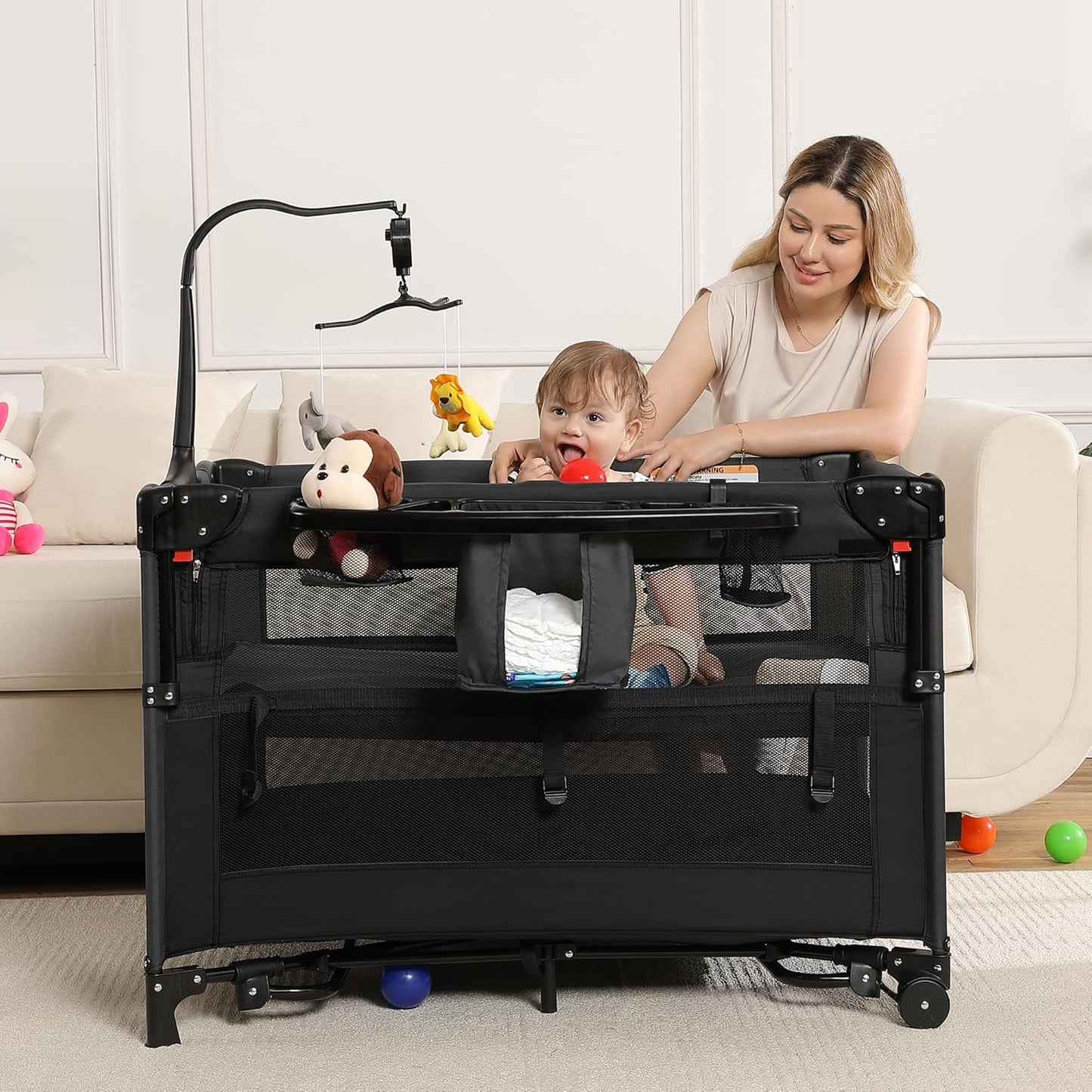 4 in 1 Pack and Play, Portable Travel Baby Bassinet, Foldable Travel Playard Playpen for Toddler, Bedside Crib Sleeper, Diaper Changer Table, Baby Playard for Newborn (Black)