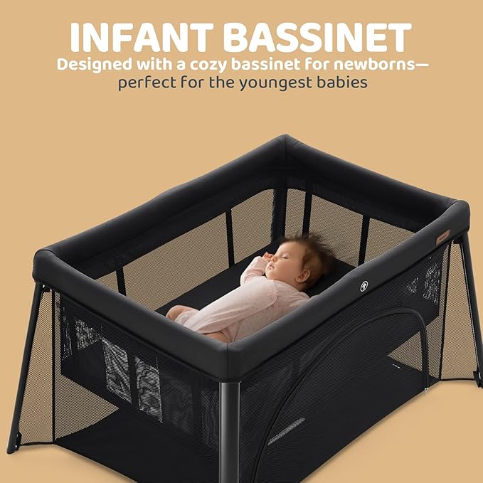HARPPA Travel Crib, Lightweight Portable Crib Requires No Assembly, Foldable Pack and Play for Baby and Toddlers, Compact Play Yard with Bed,Black