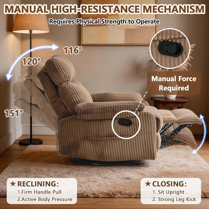 Manual Small Recliner Rocking Chair for Nursery/Relaxation, Corduroy Swivel Glider Recliner for Living Room Bedroom, Brown Rocking Chair Nursery Recliners for Small Spaces, Side Pockets (Brown)