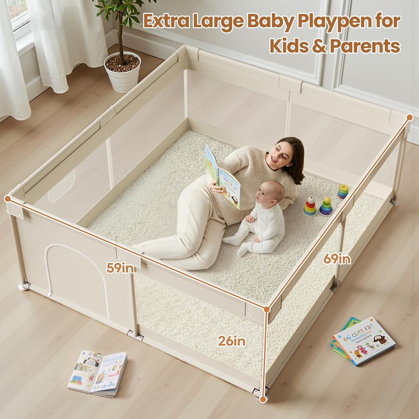 Uanlauo Beige Small Baby Playpen - 47x47in Playpen for Babies and Toddlers, Safe Indoor Play Pen, Baby Pen with Storage Bag and Breathable Mesh