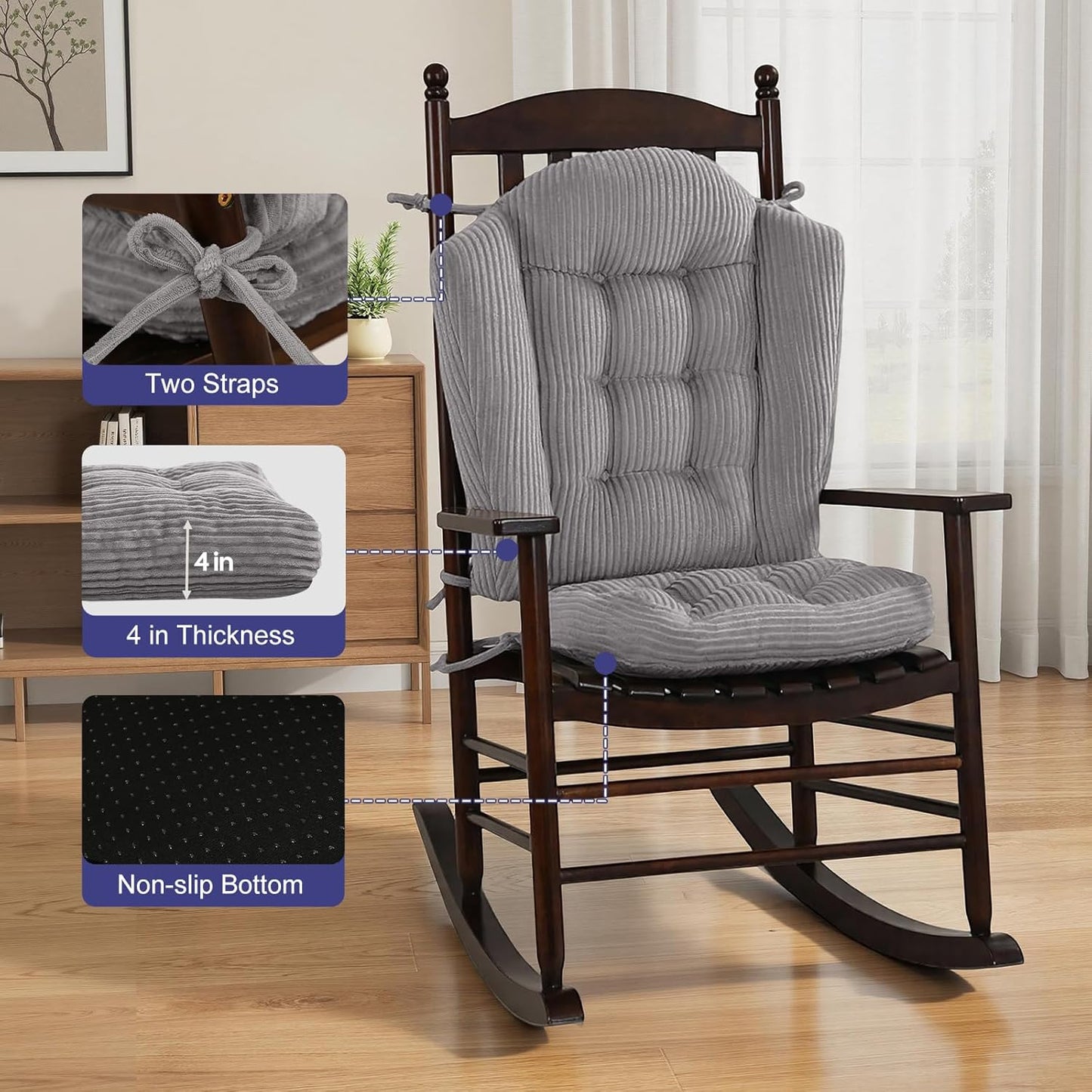 idee-home Wingback Rocking Chair Cushions Indoor, Glider Rocker Replacement Cushions with Removable Corduroy Cover, Wooden Adirondack Chair Pad Non-Slip Bottom Tufted Seat Pads with Ties, Green