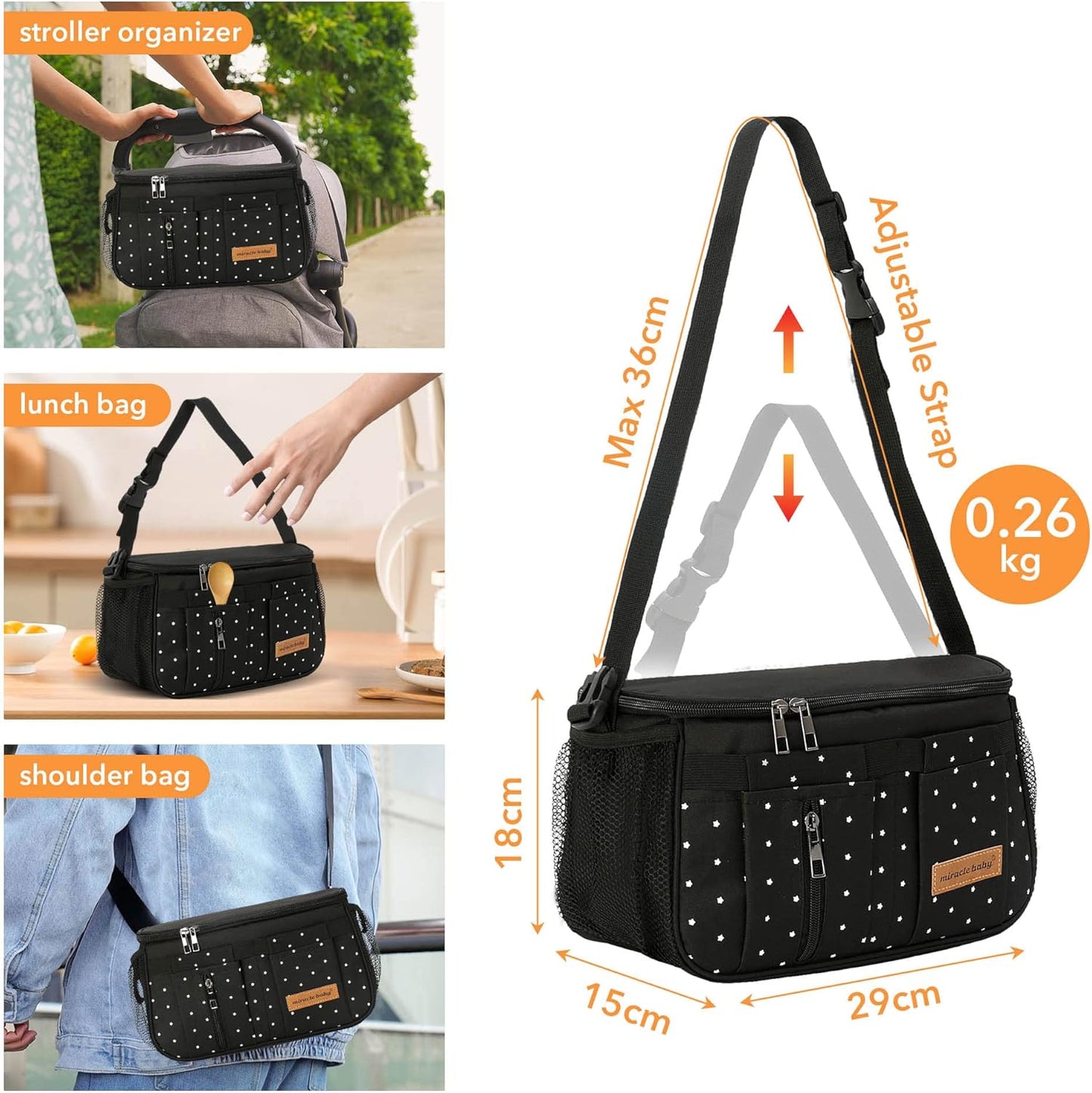 Miracle Baby Stroller Organizer Bag for Mom,Universal Stroller Storage Caddy Diaper Bag- Compatible with Most Stroller - Multifunctional Larg(Grey Star)