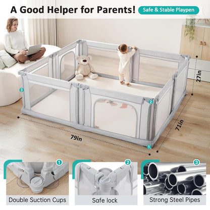 Doradotey Baby Playpen, Shape &Size Adjustable Large Baby Playard for Babies and Toddlers, Foldable Playpen Fence Indoors Play Center Yards, Breathable Mesh Anti-Fall Play Pen 79x71, Cream
