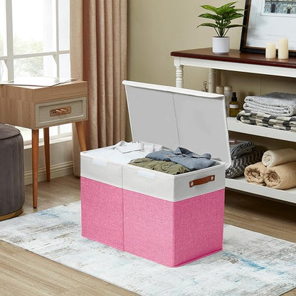 Bagnizer Large Toy Storage Box with Lids, Collapsible Sturdy Baby Storage Organizer Chest Bin Basket for Kids, Boys, Girls, Playroom, Nursery, Bedroom, Closet 25"x13"x16" (Pink and White)