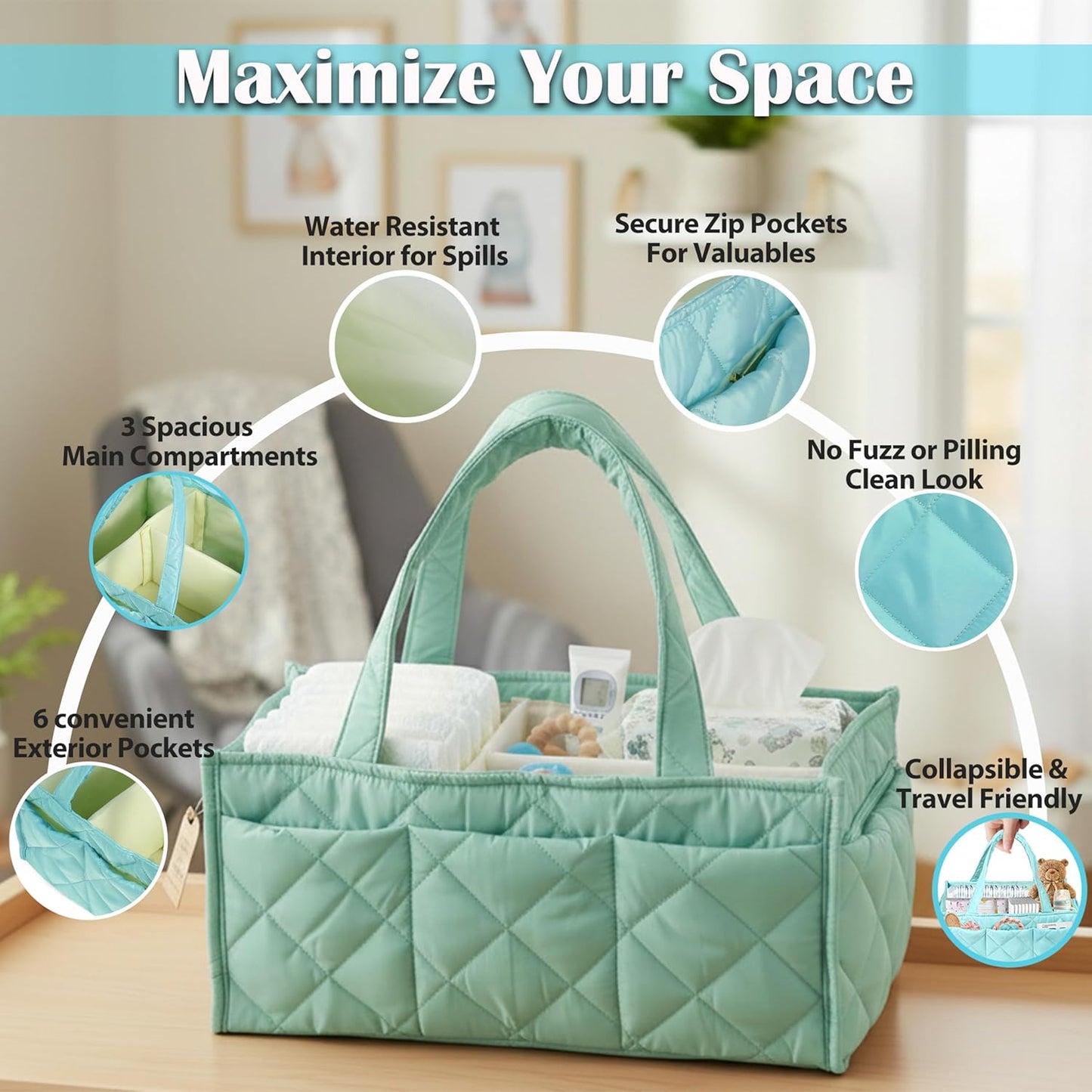 Baby Diaper Caddy Organizer, Nursery Storage Basket for Newborn Essentials, Travel Baby Basket for Diapers Baby Wipes, Organizer Tote Bag Storage Bin, Baby Shower Gifts (Mint Green)