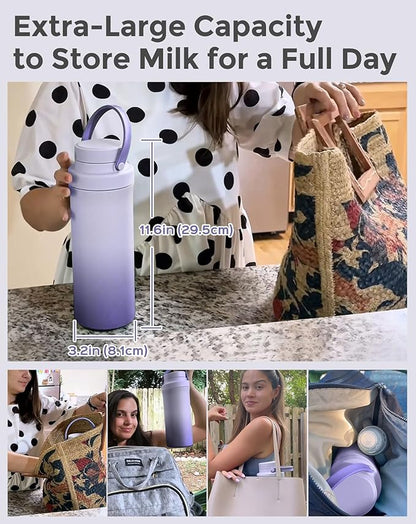 XAPROO 22oz Breast Milk Cooler Bottle, Portable Milk Cooler for Breastmilk with 360°Cooling for 24 Hours, Milk Chiller with 2pcs Baby Bottles, Breastmilk Storage Bags for Baby, BPA-Free (Purple)