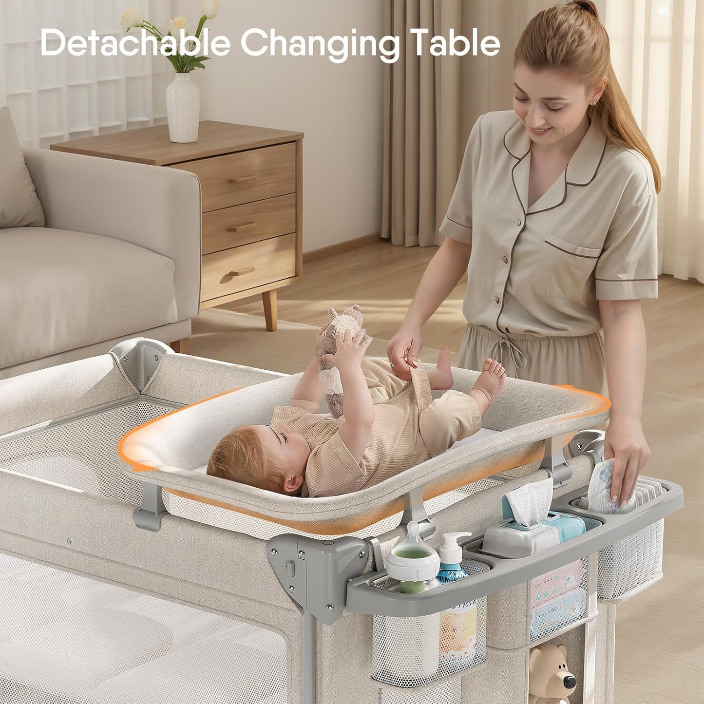 TinyGlow 4 in 1 Baby Bassinet, Pack and Play, Bedside Crib Sleeper, Diaper Changer, Quickly Assembled and Folded Portable Crib with Mattress and Mosquito Net, Easy to Carry