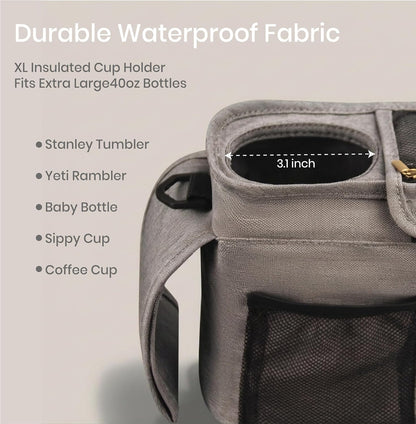 Universal Stroller Organizer, Grey - 2 Insulated Cup Holders - Non-Slip Stroller Caddy Bag - Detachable Phone Pouch - Fits Uppababy, Nuna - New Mom Essentials