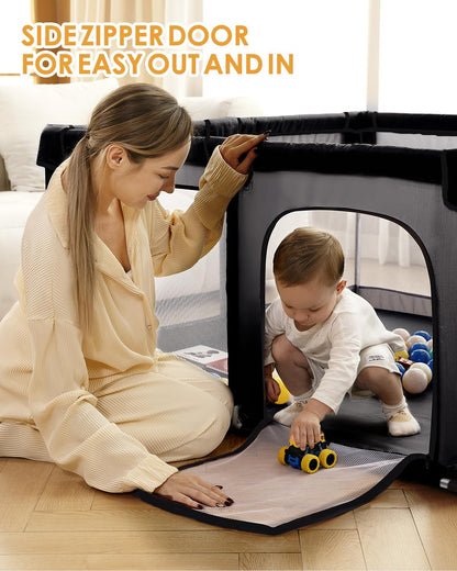 Baby Playpen with Mat, 71" x 59" Extra Large Play Yard for Babies and Toddlers, Baby Fence with Soft Thick Play Mat, Indoor Safety Activity Center for Infants, Easy to Assemble and Clean（Gray）