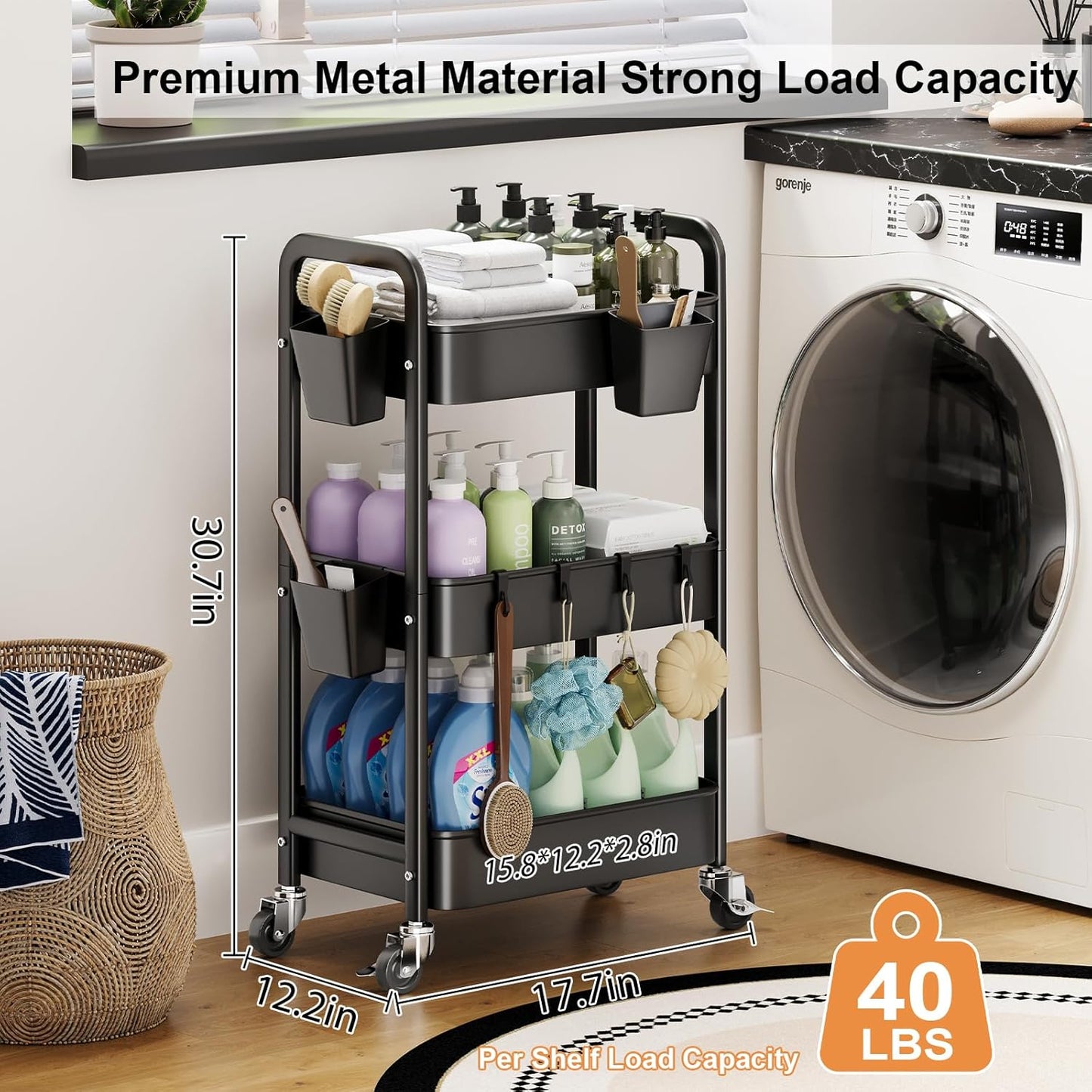 Beige 3 Tier Rolling Cart Metal on Wheels, Three Tiered Storage Organizer Utility Trolley with Wheels for Art, Craft, Baby Diaper Caddy, Snack, Book, Nail, Lash, Cleaning Supplies, Kitchen, Bathroom