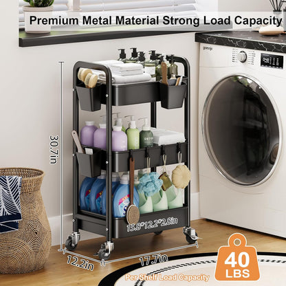 Beige 3 Tier Rolling Cart Metal on Wheels, Three Tiered Storage Organizer Utility Trolley with Wheels for Art, Craft, Baby Diaper Caddy, Snack, Book, Nail, Lash, Cleaning Supplies, Kitchen, Bathroom