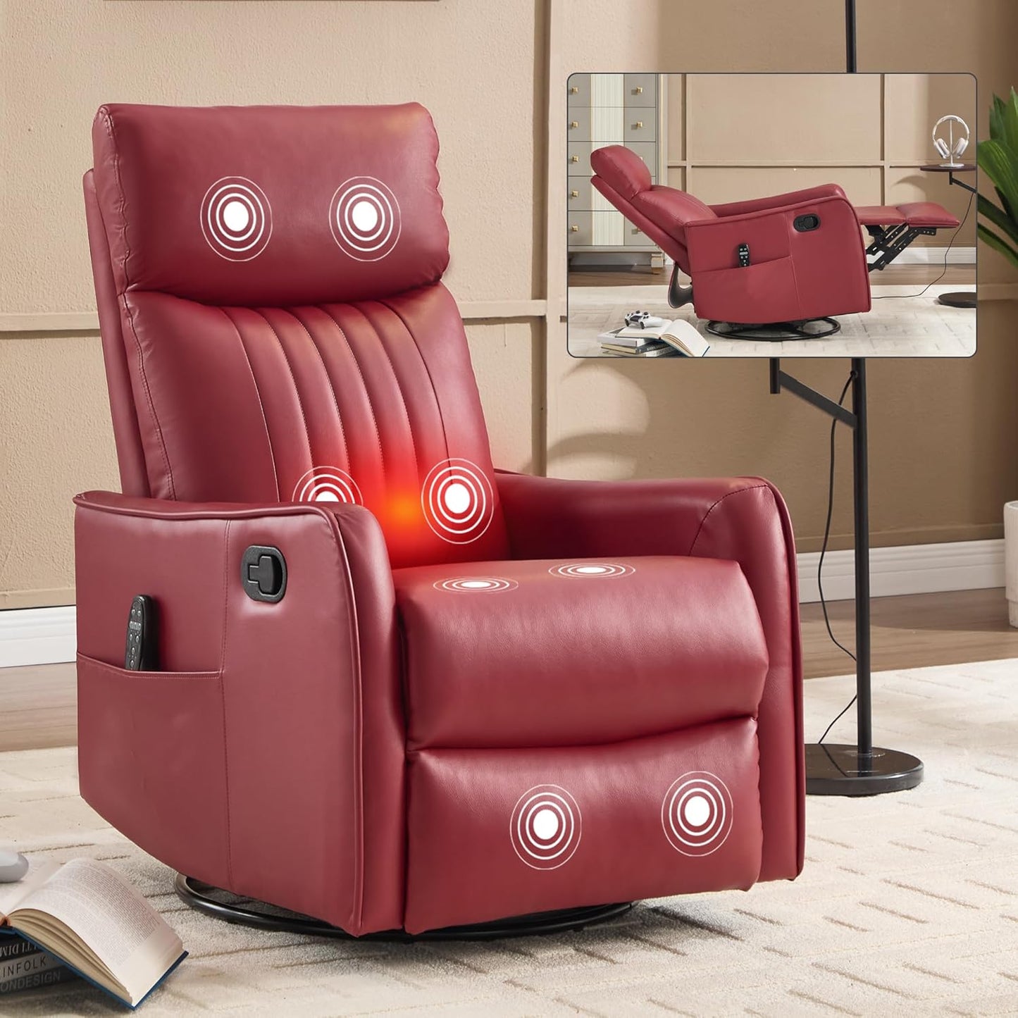 Swivel Rocker Recliner Chair for Adults, Nursery Rocking Chair with Heat and Massage, Glider Reclining Chair for Small Space Living Room Bedroom, Faux Leather Black