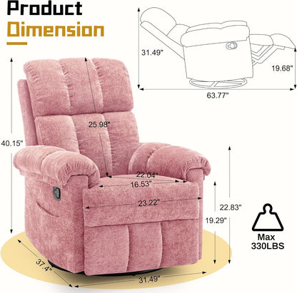 Korser Recliner Chair, Swivel Rocker Recliner Chair for Adults, Small Recliners for Small Spaces, Upholstered Manual Recliner with Side Pockets, Nursery Rocking Chair for Living Room, Chenille, Beige