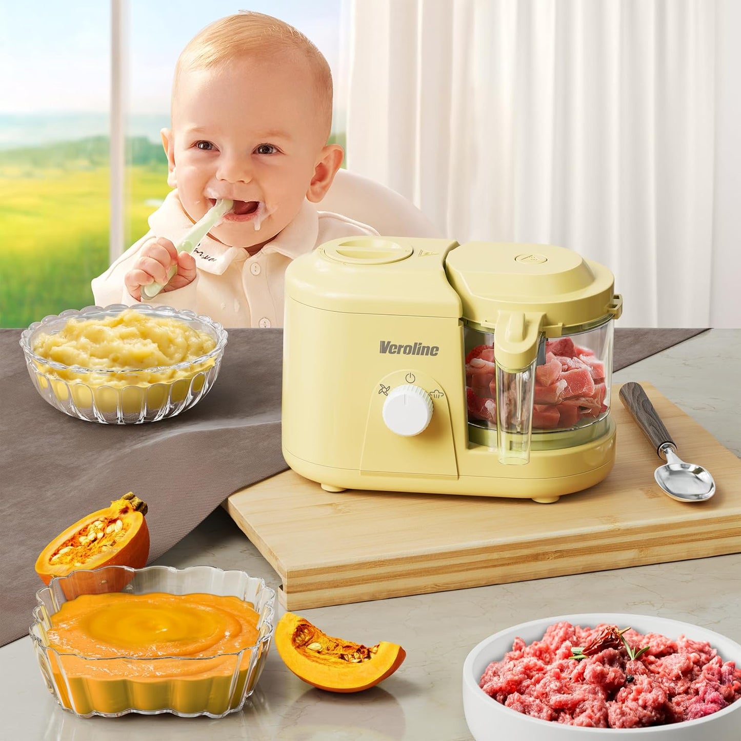 Baby Food Maker, One Button Rotate Control Baby Food Processor, Baby Puree Maker with Steaming and Grinding Functions, Baby Food Steamer and Blender, Yellow