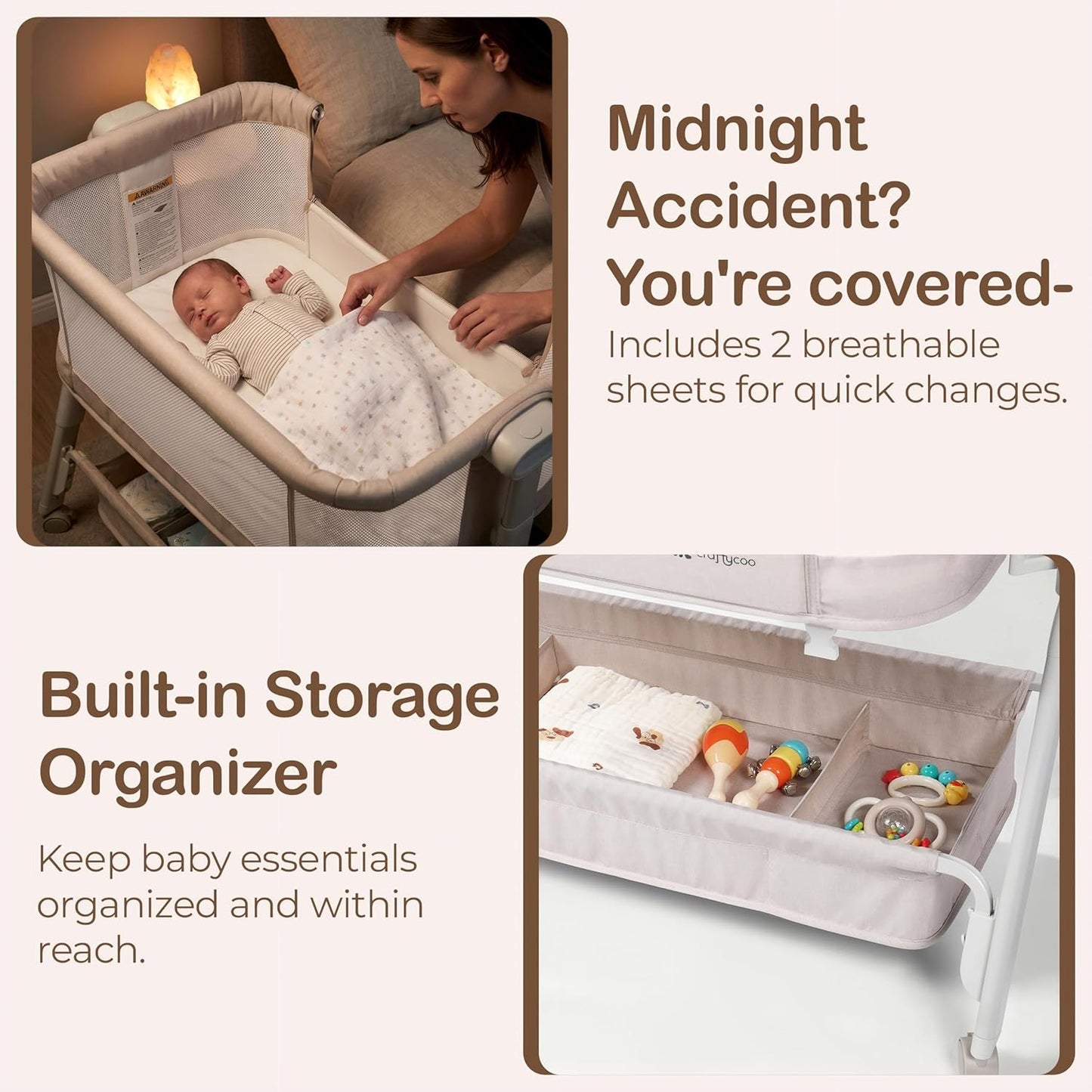 Bedside Bassinet for Baby – Adjustable Height Bedside Sleeper with Full Mesh Sides | 2 Breathable Sheets & Storage Basket | Portable Baby Bassinet for Newborns with Wheels & Bed Attachment