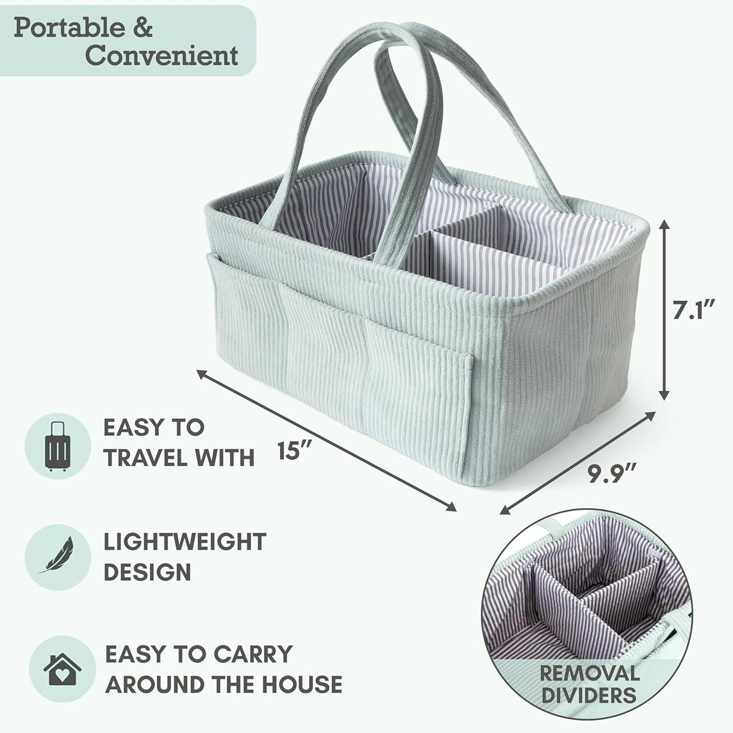 Diaper Caddy Organizer - Mint Curdoroy Baby Storage Bin for Nursery & Car | Baby Shower Basket & registry Essential