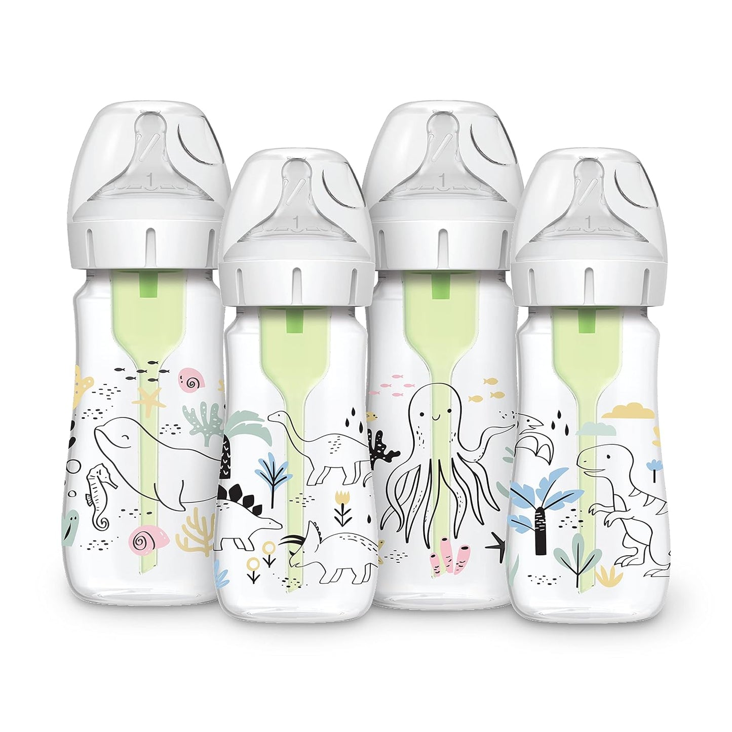 Dr. Brown's Anti-Colic Options + Wide-Neck Baby Bottle Designer Edition Dino Decos, 9oz/270mL, Level 1 Slow Flow Nipple, BPA-Free, 0m+, 2-Pack