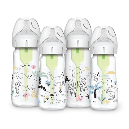 Dr. Brown's Anti-Colic Options + Wide-Neck Baby Bottle Designer Edition Dino Decos, 9oz/270mL, Level 1 Slow Flow Nipple, BPA-Free, 0m+, 2-Pack