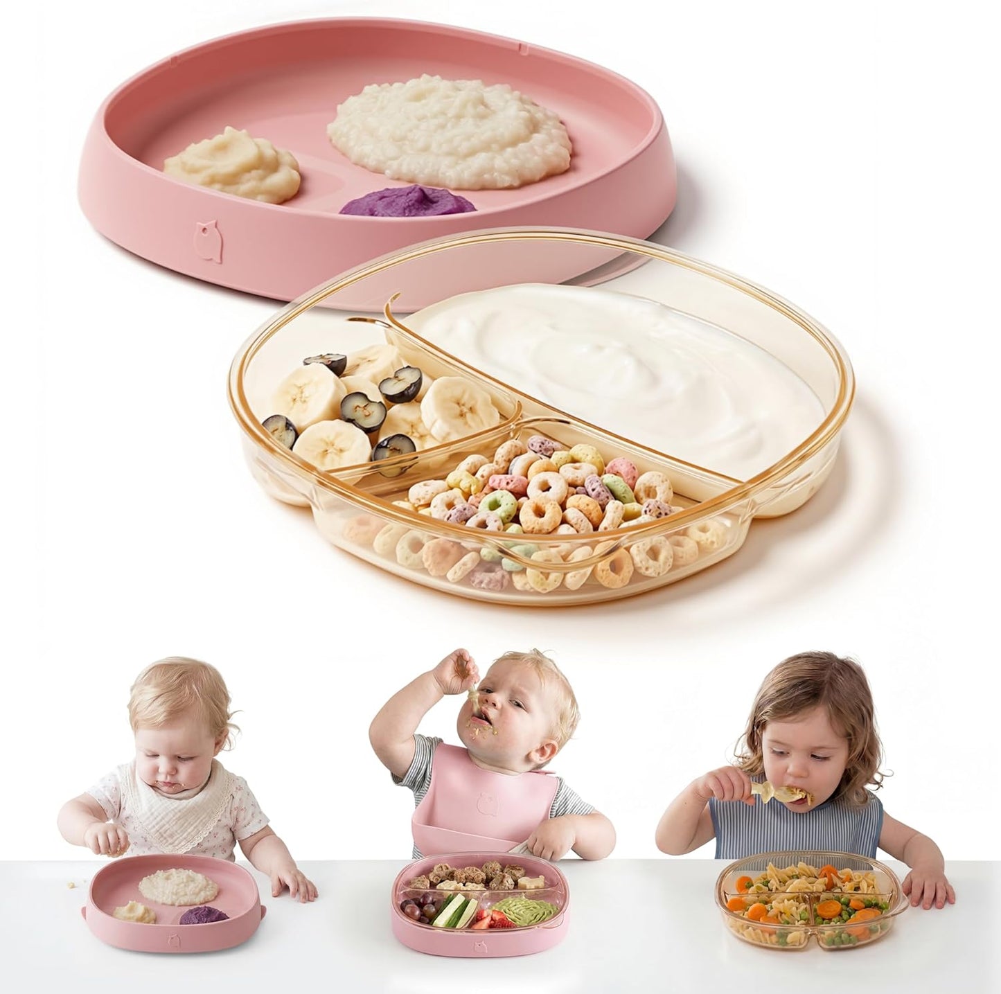 3-in-1 Baby Suction Plates for Toddlers 6-36 Months - Premium Bottle-Grade PPSU Silicone Divided Dishes, Stage-Based Self-Feeding Supplies, BPA Free Stain & Odor Resistant, Microwave Dishwasher Safe