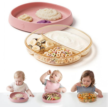 3-in-1 Baby Suction Plates for Toddlers 6-36 Months - Premium Bottle-Grade PPSU Silicone Divided Dishes, Stage-Based Self-Feeding Supplies, BPA Free Stain & Odor Resistant, Microwave Dishwasher Safe