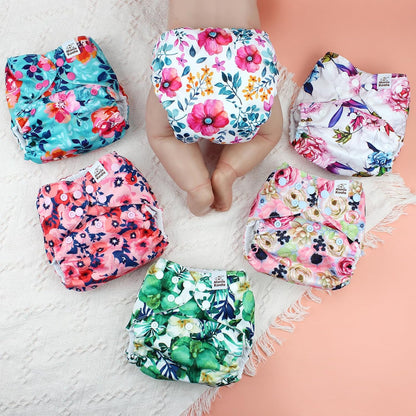 Mama Koala 3.0 Pocket Cloth Diapers for Babies with AWJ Lining, 6 Pack with 6 4-Layer Natural Cloth Diaper Inserts - Reusable and Washable Pocket Diapers(Hardworking Bees) - Colors B