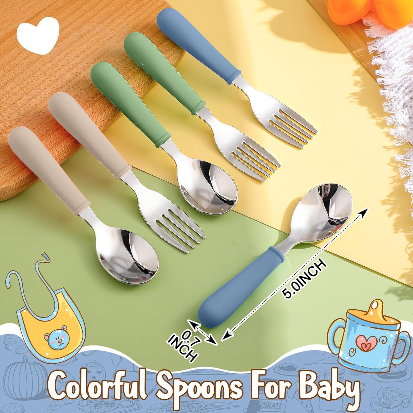 Teenyyou 3 Pack 8" Large Porcelain Toddler Plates Feeding Set, Ceramic Kids Suction Plates with Anti Slip Silicone Sleeve for Baby 3 Spoons and Forks Divided Kids (Blue,Green,Beige)