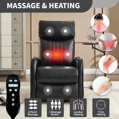 Swivel Rocker Recliner Chair for Adults, Nursery Rocking Chair with Heat and Massage, Glider Reclining Chair for Small Space Living Room Bedroom, Faux Leather Black