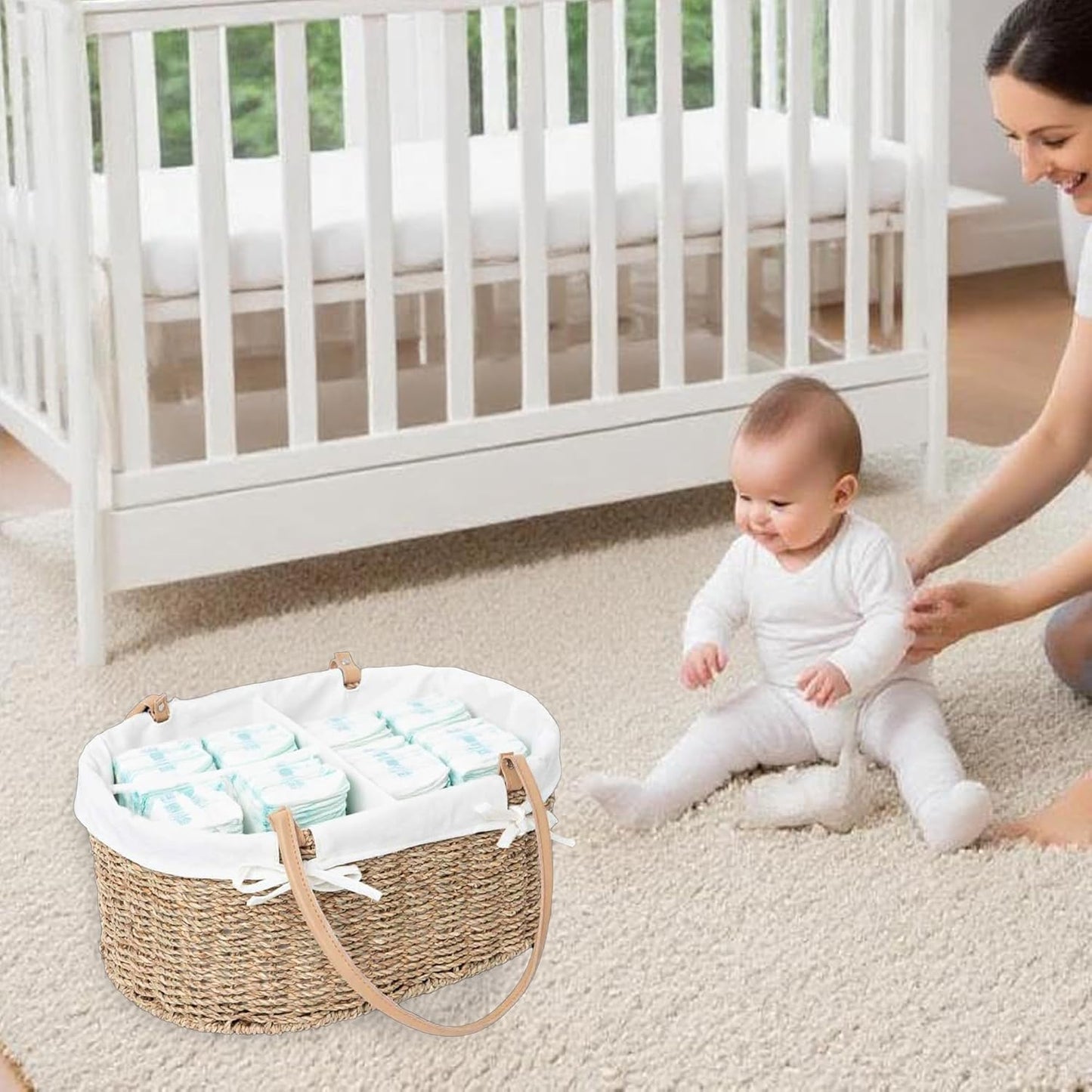 Handwoven Wicker Diaper Caddy Organizer, Multi - functional Baby Diaper Bag for Nursery & Home Storage, Detachable Lining, PU Handles, Baby Registry Must Haves (Wicker)