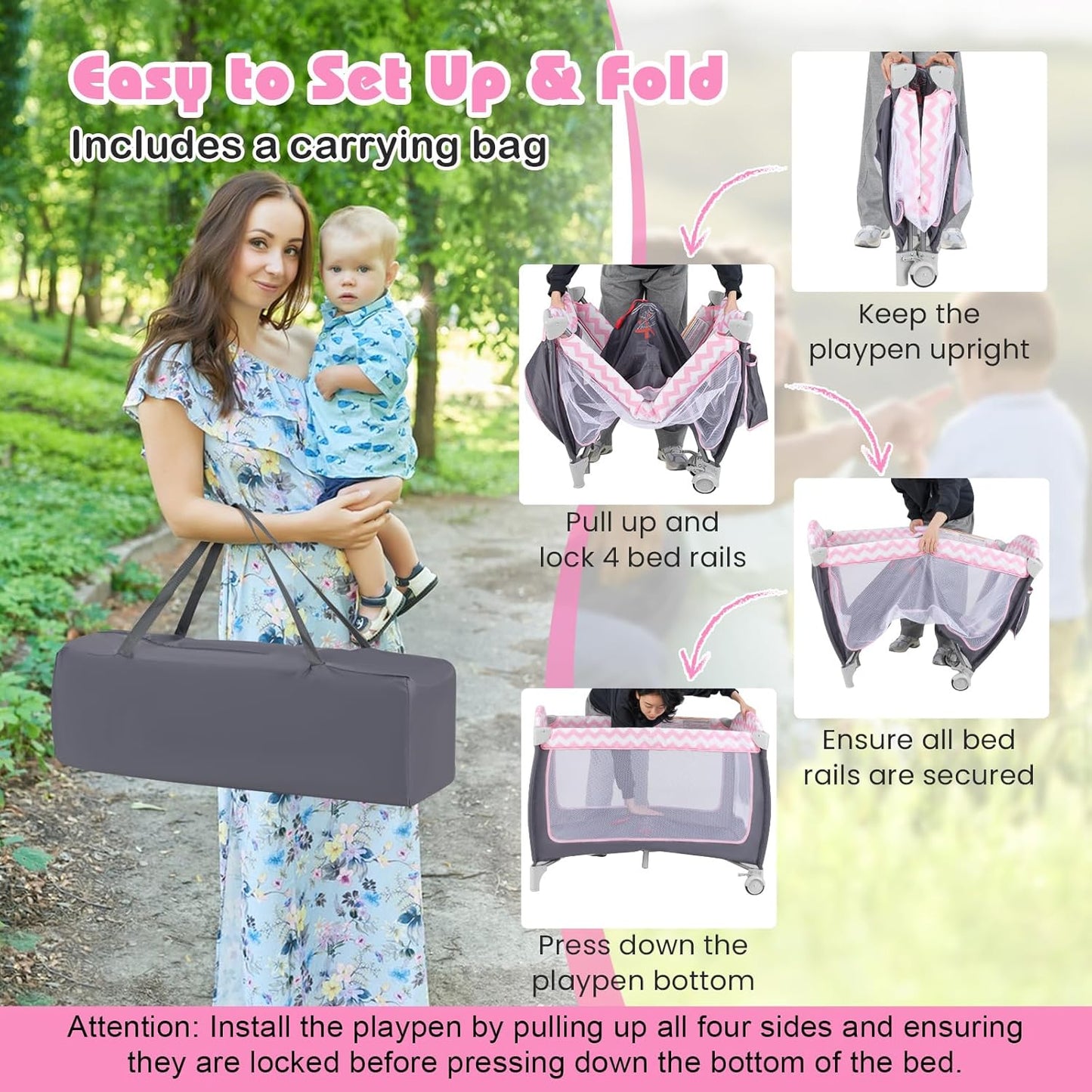 BABY JOY 4 in 1 Pack and Play, Portable Baby Playard with Bassinet, Side Zipper Door, Changing Table, Indoor Outdoor Travel Nursery Center w/Hanging Bar, Lockable Wheels, Carry Bag