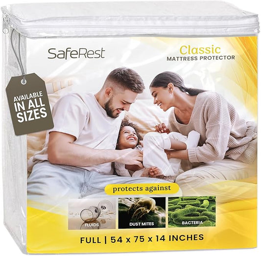 SafeRest Waterproof Mattress Protector Full Size – Absorbent Breathable Soft Fitted Bed Cover with 18" Deep Stretchable Pockets – Machine Washable Full Mattress Cover