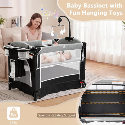 Kinder King 4 in 1 Portable Baby Playard, Foldable Baby Bedside Crib w/Bassinet, Infant Pack and Play Playard Toddler Large Playpen, Newborn Changing Table, Storage Basket, Grey