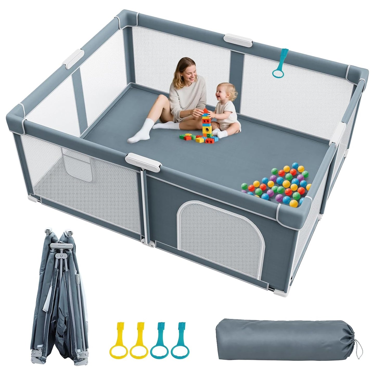 Foldable Baby Playpen - 71"×59" Collapsible Play Pen for Babies and Toddlers - Indoor Outdoor Foldable Play Yard with 4 Handles - Folding Baby Playpen with Bag Portable Travel Play Yard