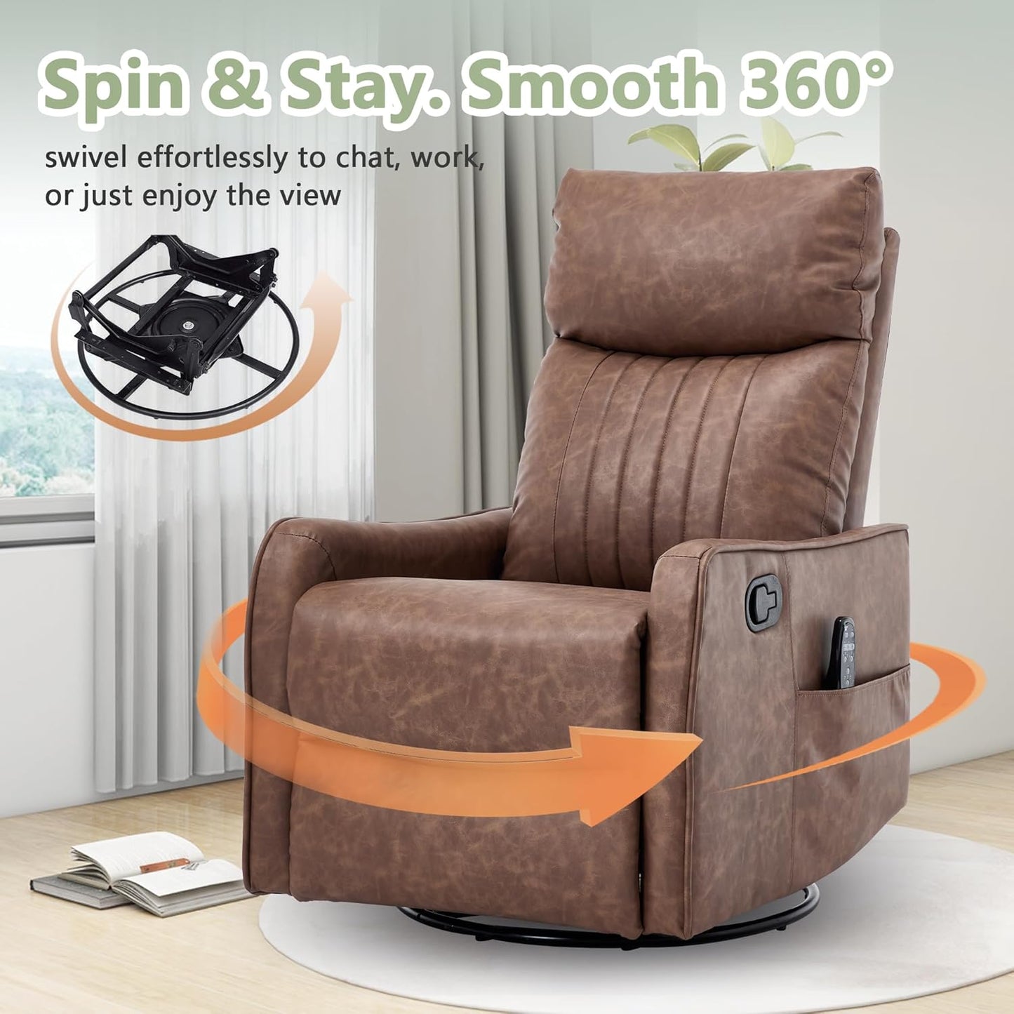 cinkehome Swivel Rocker Recliner, Glider Rocker Recliner Chair for Nursery, Manual Reclining Chair with Heated Massage, Small Spaces, Living Room, Khaki Chenille