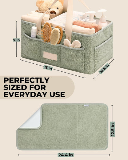 Baby Diaper Caddy Organizer with Portable Changing Mat - Teddy Fleece Diaper Organizer for Changing Table - Basket for Changing Essentials - Baby Essentials Organizer with Removable Dividers