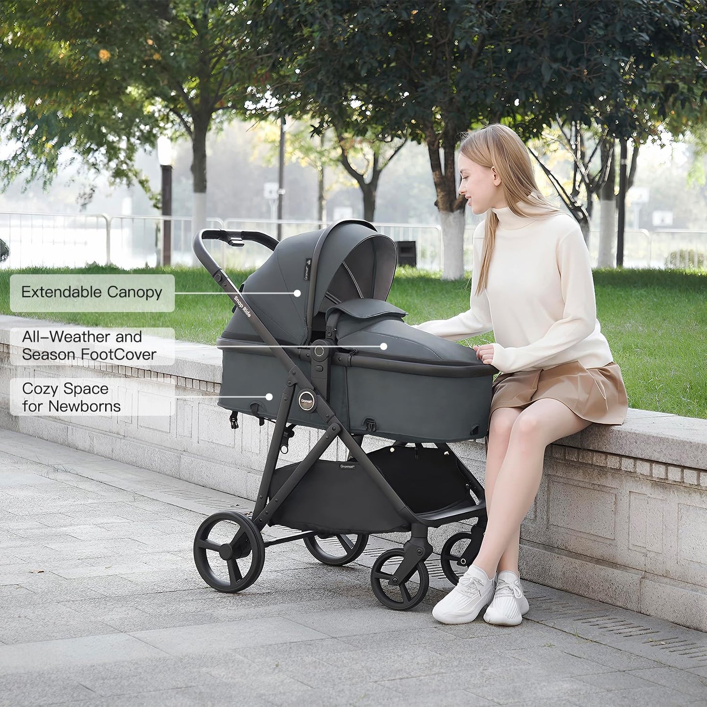 Gromast 3-in-1 Baby Stroller, Convertible Stroller for Newborn Infant Toddler with Reversible Seat, UPF 50+ Canopy & Cup Holder - Black