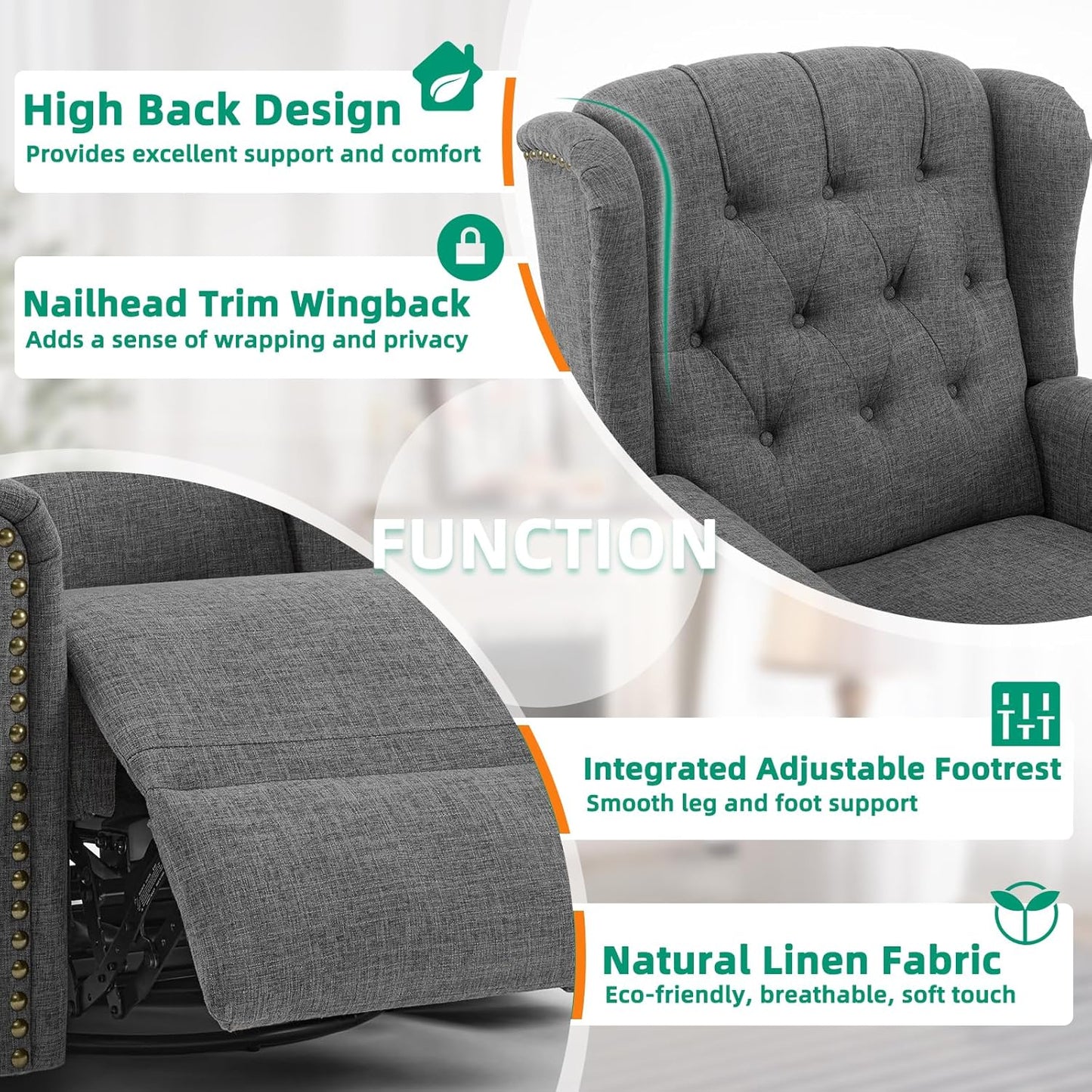 VIVIJASON Power Swivel Rocking Recliner Chair with Massage & Heat, Electric Rocker Nursery Glider Chair, Wingback Tufted Upholstered Recliner W/Type-C & USB Ports for Living Room, Bedroom, Beige