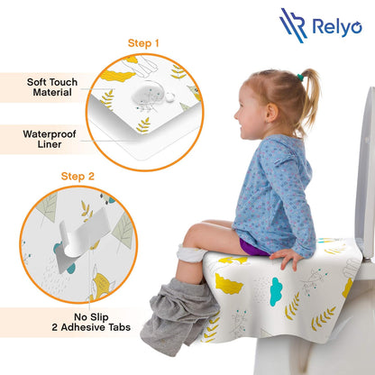 Relyo Disposable Toilet Seat Cover for Travel – 20 Pack with Covers Wrapped in Sets of 2, Non-Flushable Liners, Fits Most Seats – Kids, Toddlers, Adults (Dinosaurs, 20)