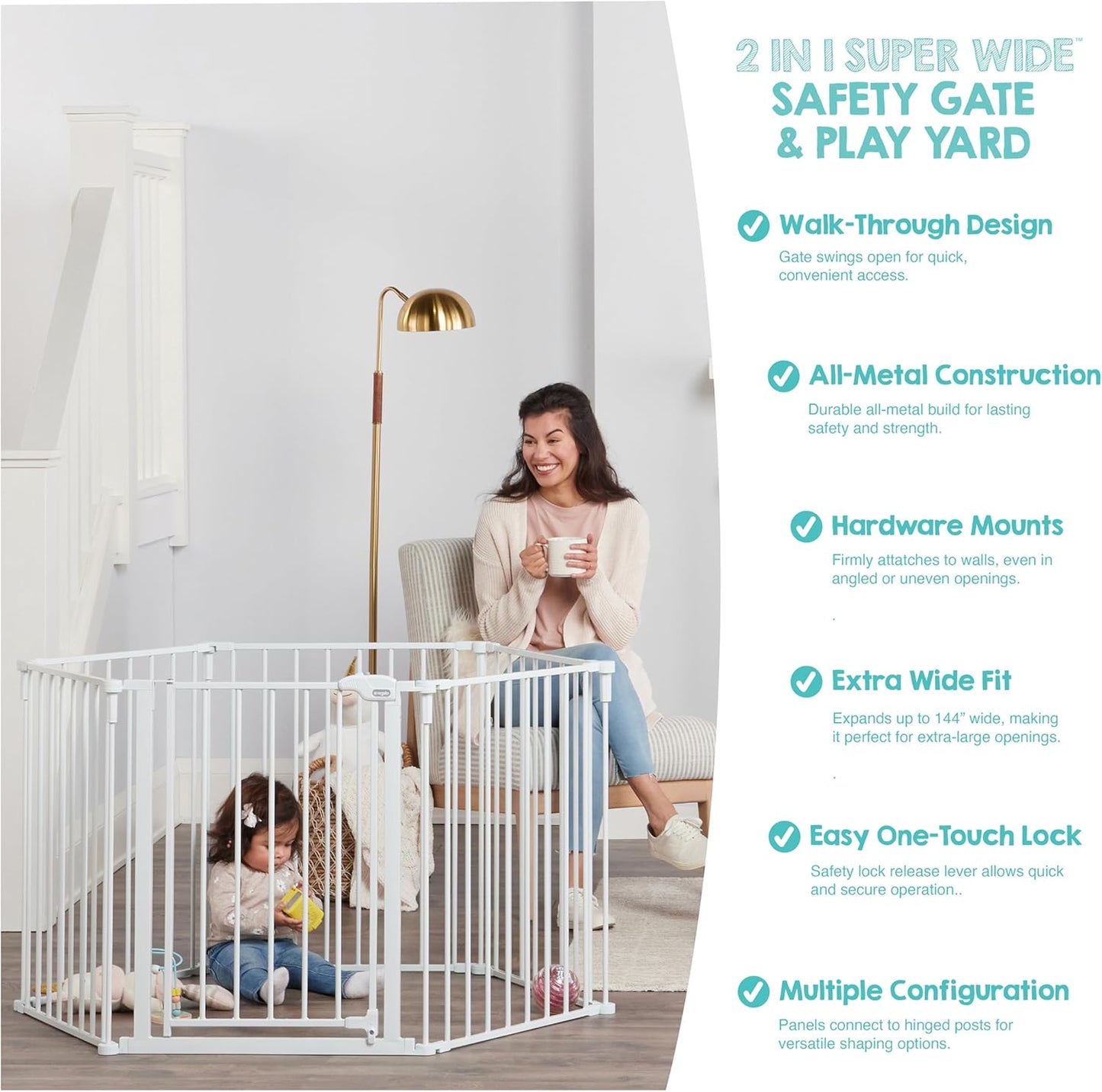 Regalo Safety 192" Super Wide Baby Gate & Play Yard, 2-in-1 Convertible Extra Wide Safety Barrier, Hardware Mounted for Toddlers & Pets, Tested & Safe for 30 Years, American Designed & Owned, White