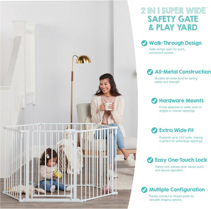 Regalo Safety 192" Super Wide Baby Gate & Play Yard, 2-in-1 Convertible Extra Wide Safety Barrier, Hardware Mounted for Toddlers & Pets, Tested & Safe for 30 Years, American Designed & Owned, White