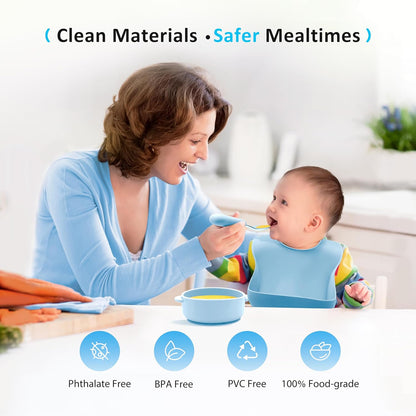 Bufims Silicone Baby Feeding Set, Baby Led Weaning Supplies, Eating Essentials Utensils with Suction Plate and Bowl, Pocket Bib, Sippy Cup with Lid, Forks Spoons Snack Container, for 6+ Months, Green