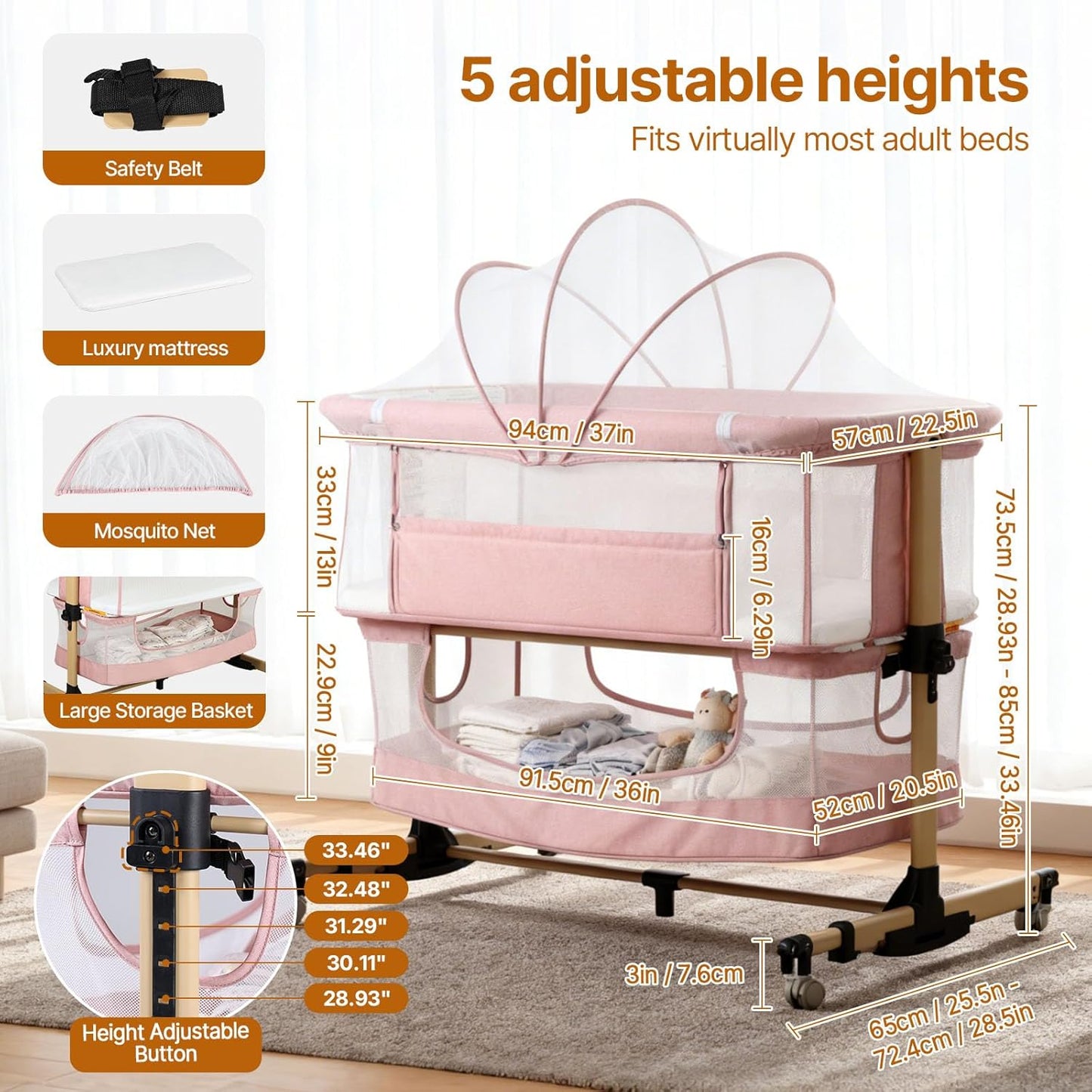 Baby Bassinet Bedside Sleeper, 3-in-1 Bedside Bassinet, 5 Height Adjustable Rocking Baby Crib, Breathable Full Mesh, Mosquito Net, Storage Basket, Stable and Secure Bassinets for Newborn (Pink)