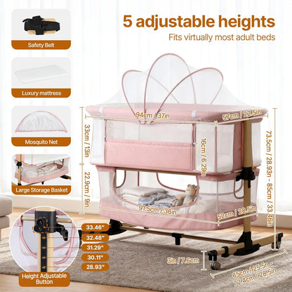 Baby Bassinet Bedside Sleeper, 3-in-1 Bedside Bassinet, 5 Height Adjustable Rocking Baby Crib, Breathable Full Mesh, Mosquito Net, Storage Basket, Stable and Secure Bassinets for Newborn (Pink)