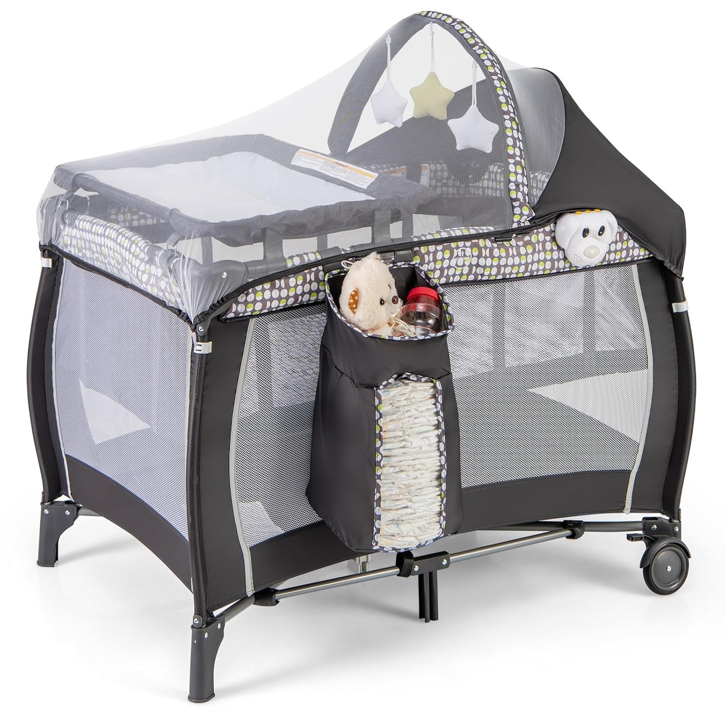 BABY JOY 4 in 1 Pack and Play with Canopy, Portable Baby Playard with Bassinet, Double-Layer Baby Crib, Wheels & Brake, Foldable Baby Girl Pink Princess Bassinet from Newborn to Toddler