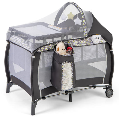 BABY JOY 4 in 1 Pack and Play with Canopy, Portable Baby Playard with Bassinet, Double-Layer Baby Crib, Wheels & Brake, Foldable Baby Girl Pink Princess Bassinet from Newborn to Toddler