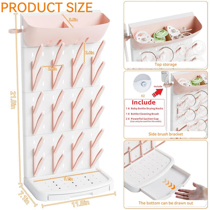 SuoXing Vertical Baby Bottle Drying Rack with Brush- Hold 16 Bottles - Large Breast Pump,Bottle Dryer Rack for Kitchen Countertop,Space Saving Bottle Stand Holder for Pacifiers,Pump Accessories,Grey