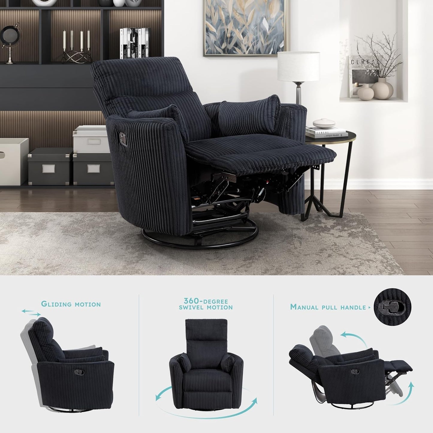 Lexicon Modern Swivel Glider Recliner Chair, Nursery Glider, Corduroy Fabric Upholstery Recliner with 2 Lumbar Pillows, Manual Reclining Sofa Chair for Living Room/Office/Apartment, Beige