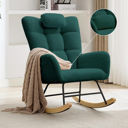 IDEALHOUSE Nursery Rocking Chair, Comfort Glider Rocker with High Backrest Armchair Padded Seat, Accent Chair for Nursery Living Room Bedroom Offices Small Spaces Indoor, Green Without Ottoman