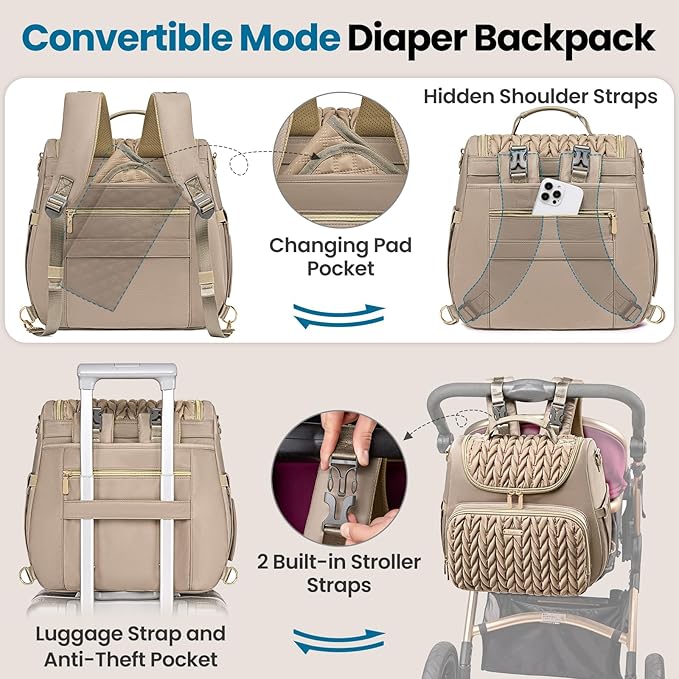 Tealari 4 in 1 Convertible Diaper Bag Backpack,Waterproof Baby Diaper Bag with Changing Pad,Converts into Baby Tote Bag,Diaper Backpack,Stroller Bag and Crossbody Diaper Bag