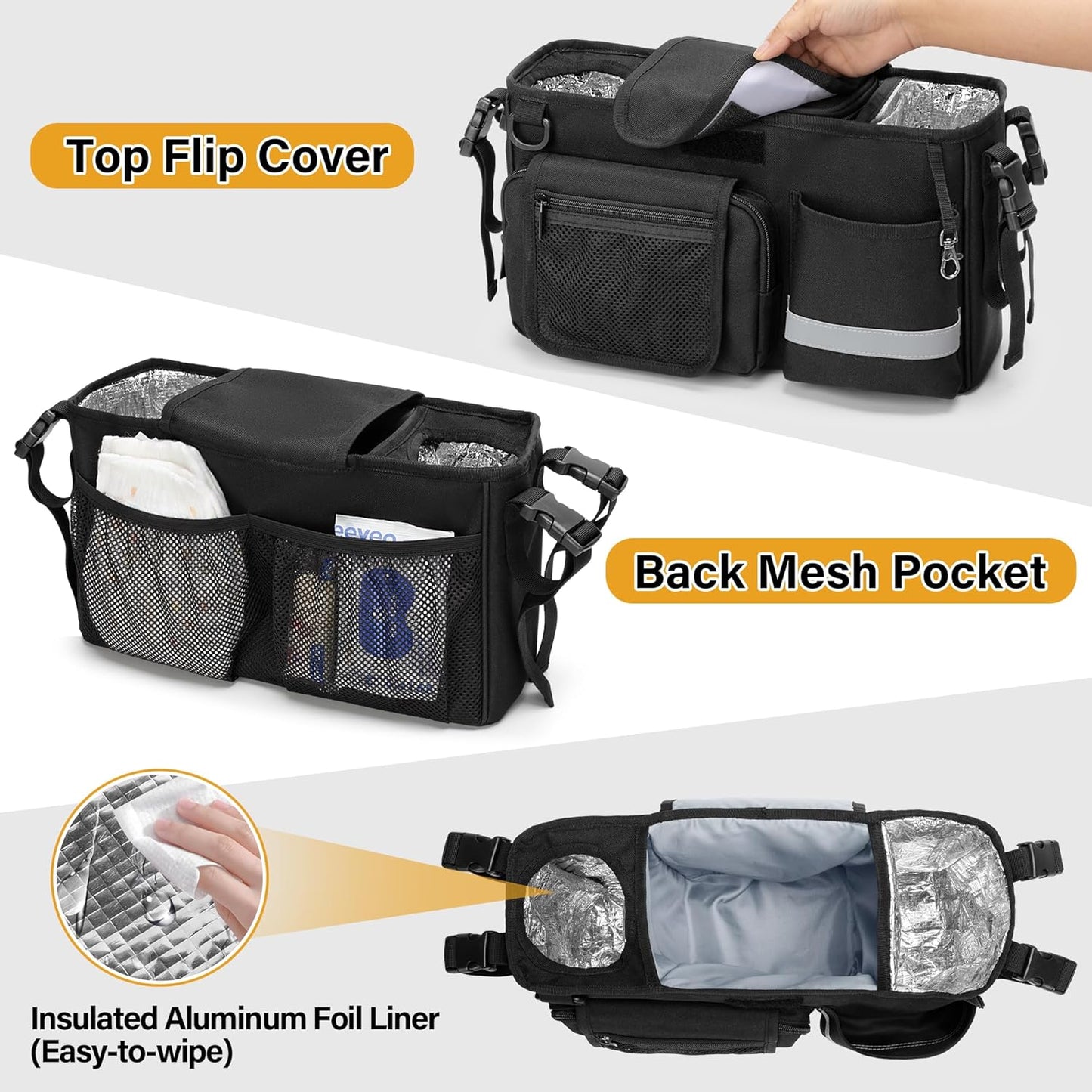 Parent Console Stroller Organizer Compatible with WONDERFOLD W&X, 2 Insulated Cup Holders, A Removable Cooler Bag, Black, Patented Design